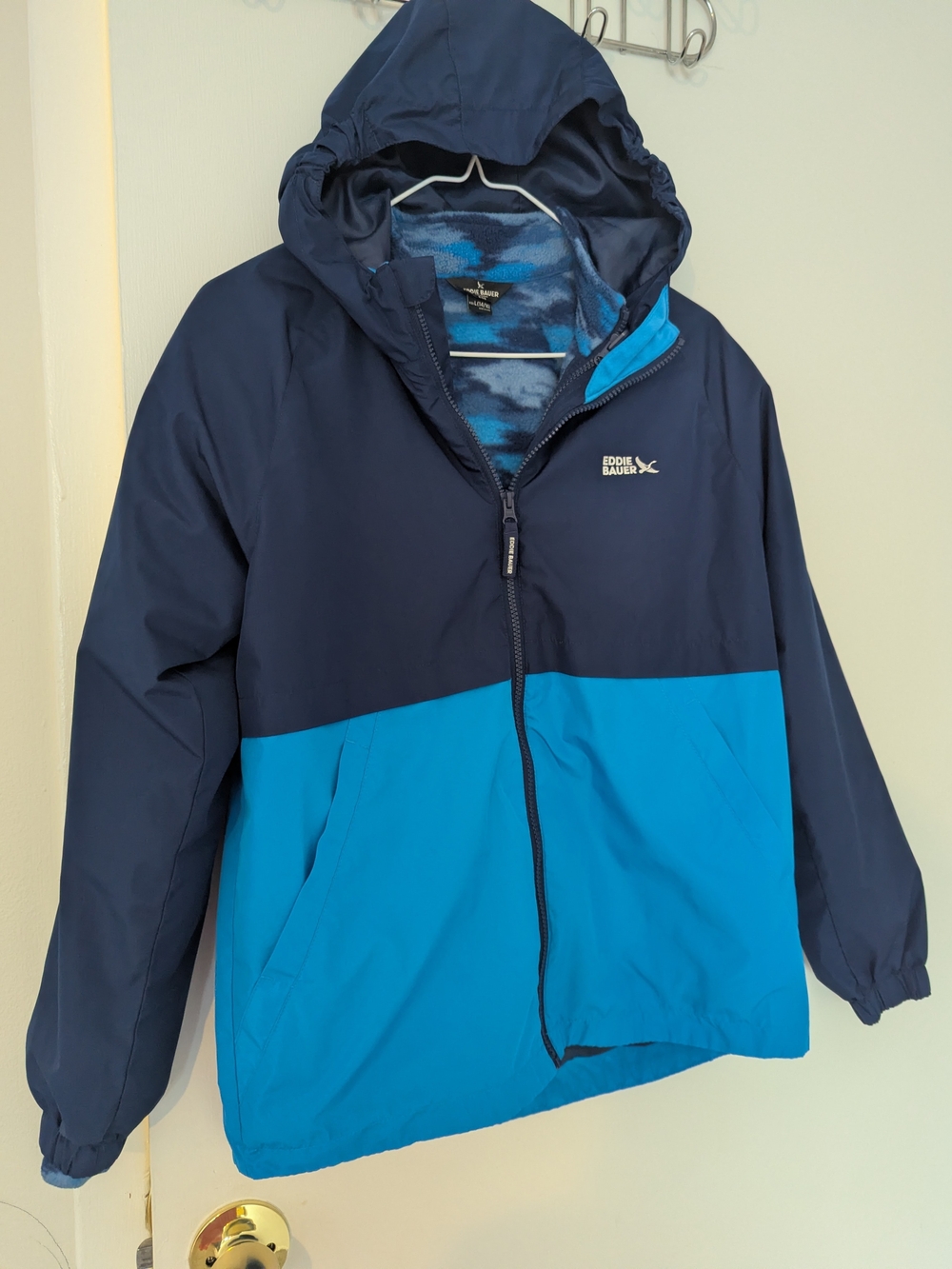 Eddie Bauer Boys Jacket L 14/16 2-in-1 Fleece Lined Windbreaker Hooded Navy Blue